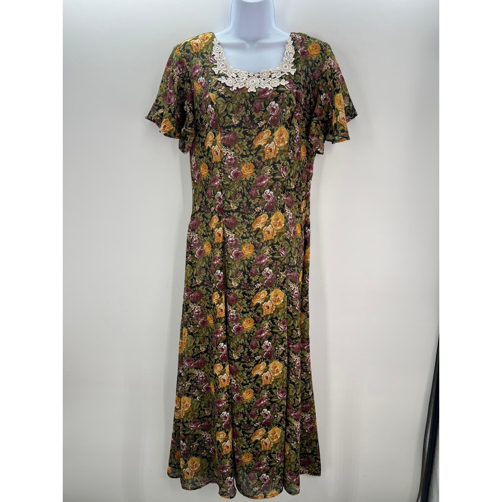 Vintage 90s Joni Blair Prairie Floral Maxi Dress Size 11 Lace Trim Cottagecore