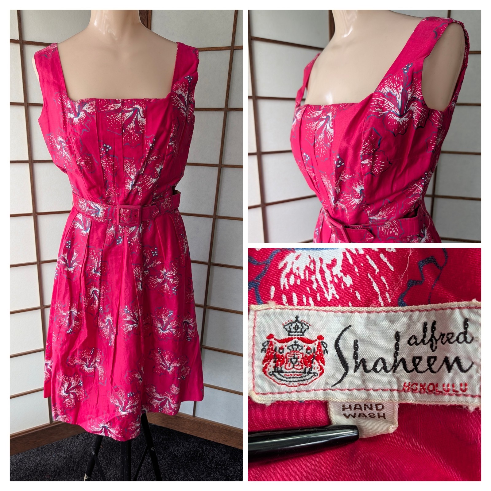 Vtg 1950s Alfred Shaheen Hand-Printed Pink Orchid Novelty Dress Hawaiian Tiki