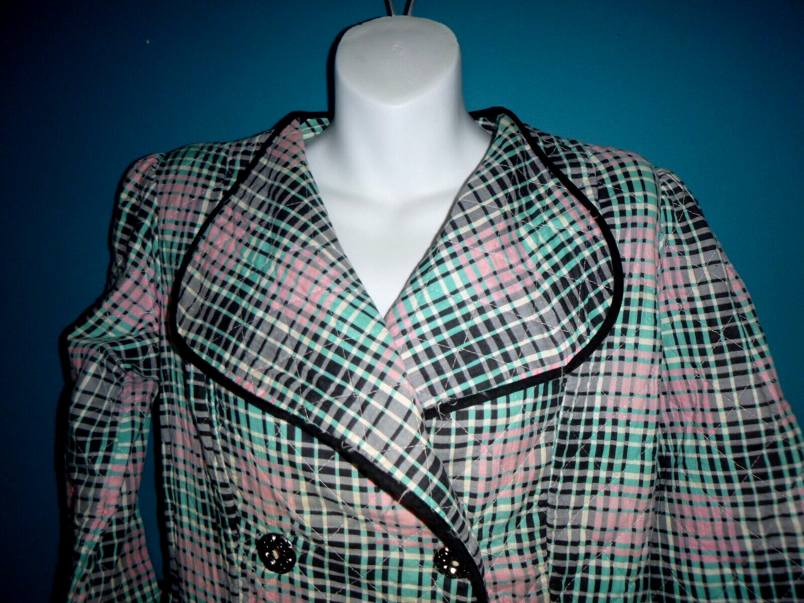 Vtg 1940s Paintset Long Quilted Cotton Robe Black Aqua Pink Plaid Sz L/XL