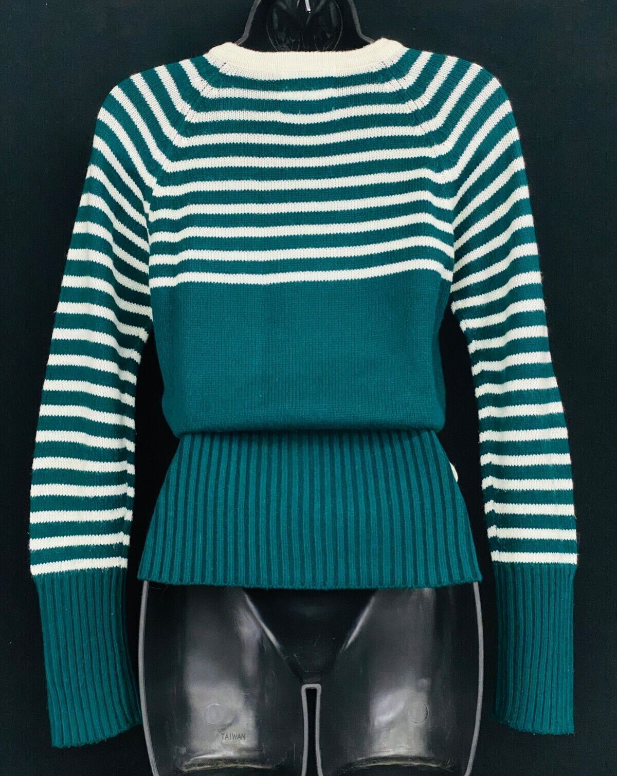 Vintage 1970s green white striped sweater knit shirt top long sleeve belt ribbed