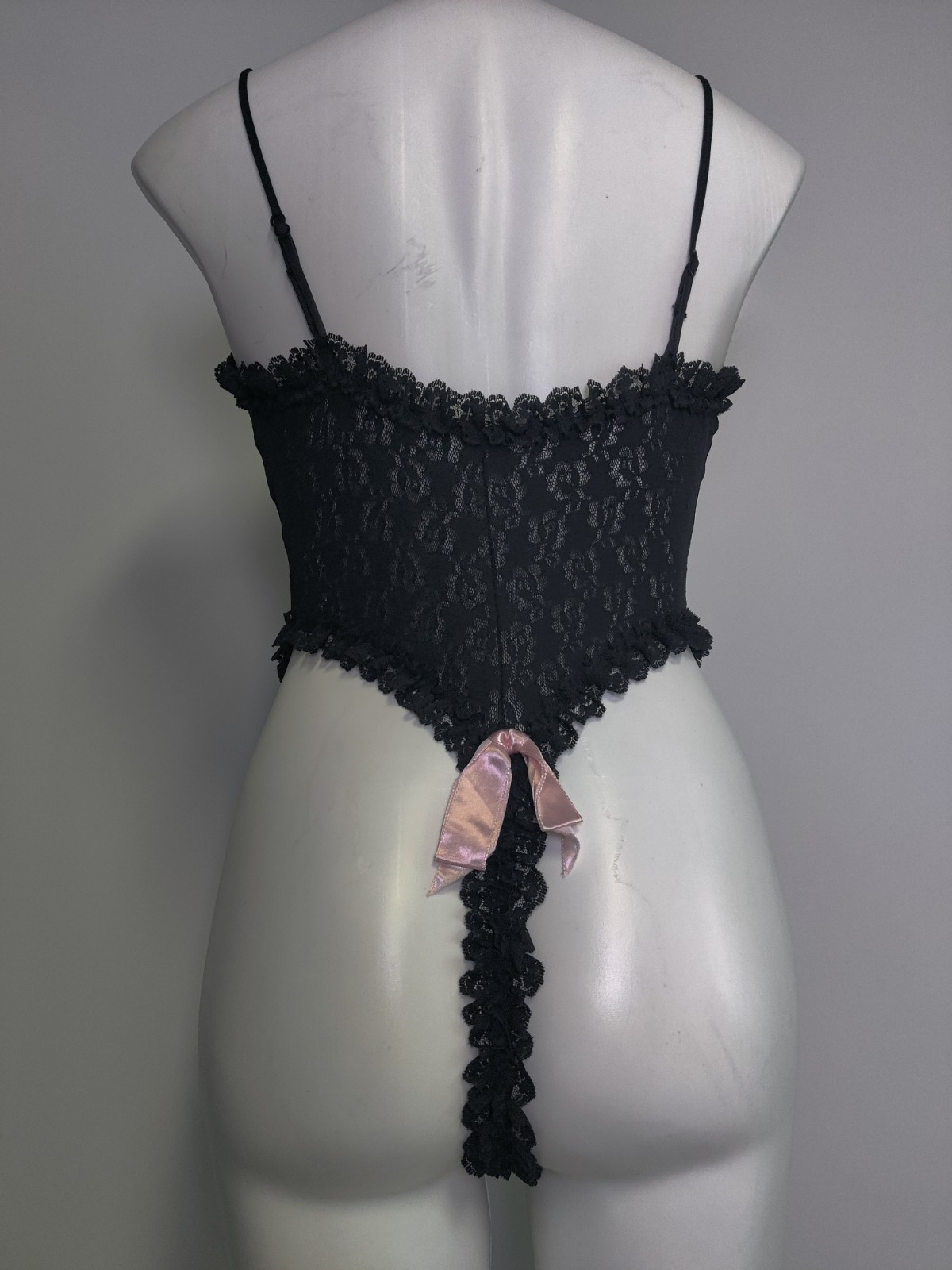 Vintage Lady Cameo Dallas Black Stretch Lace Teddy Thong Pink Bow Med USA