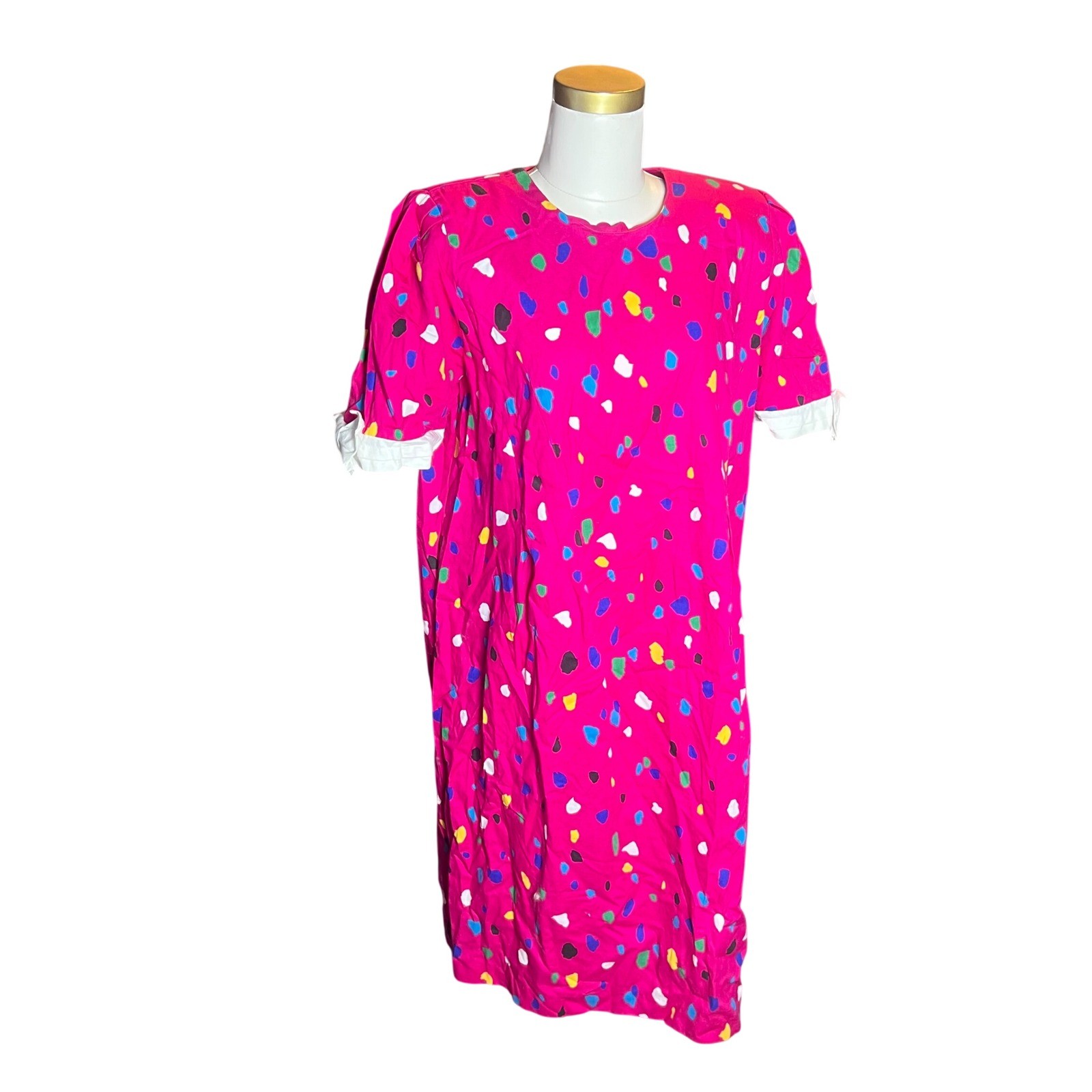 Vintage Worthington Pink Abstract Paint Splatter Shift Dress Ruffle Cuff 12P