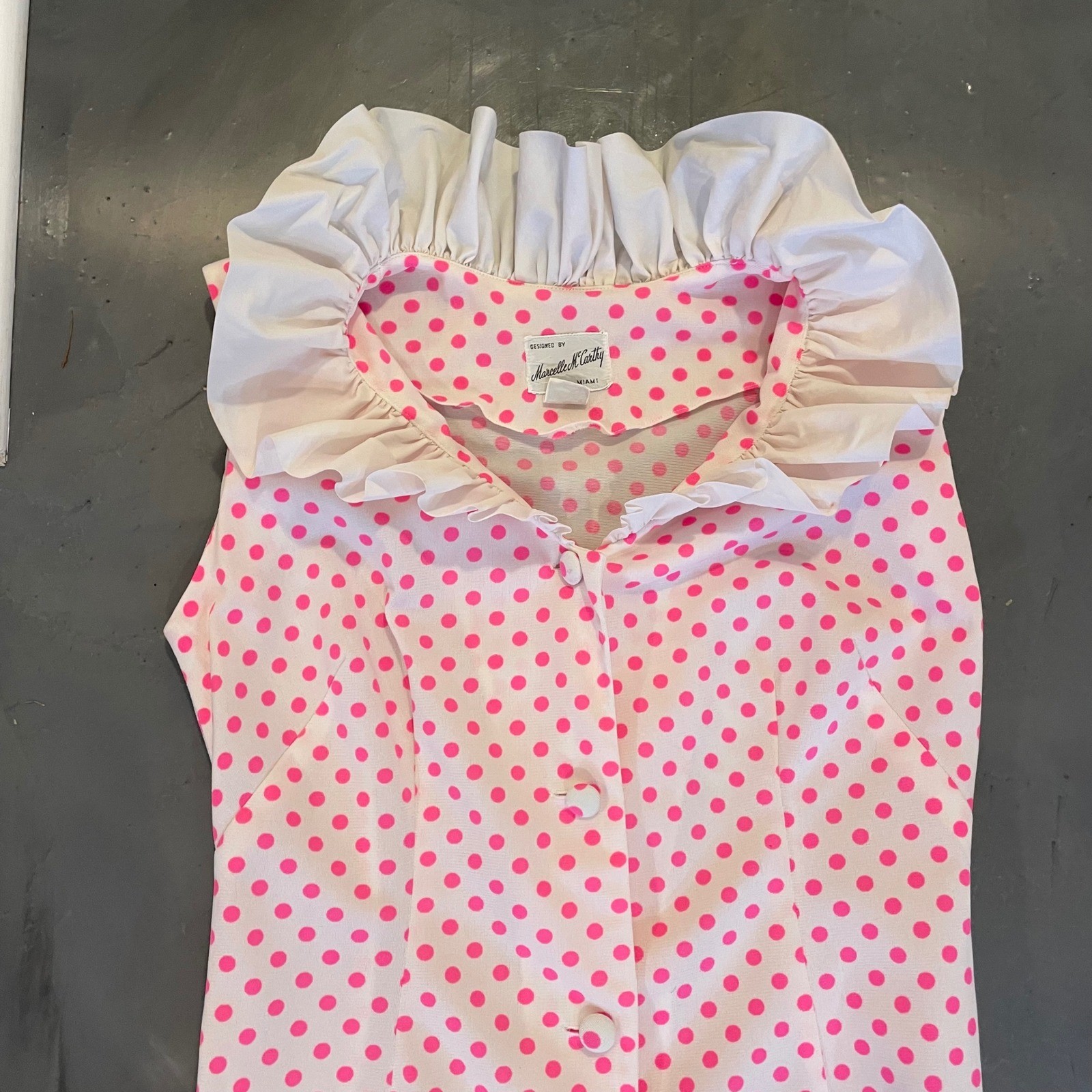VTG Marcelle McCarthy Miami Pink Polka Dot Ruffle Collar Maxi Dress Womens M 60s