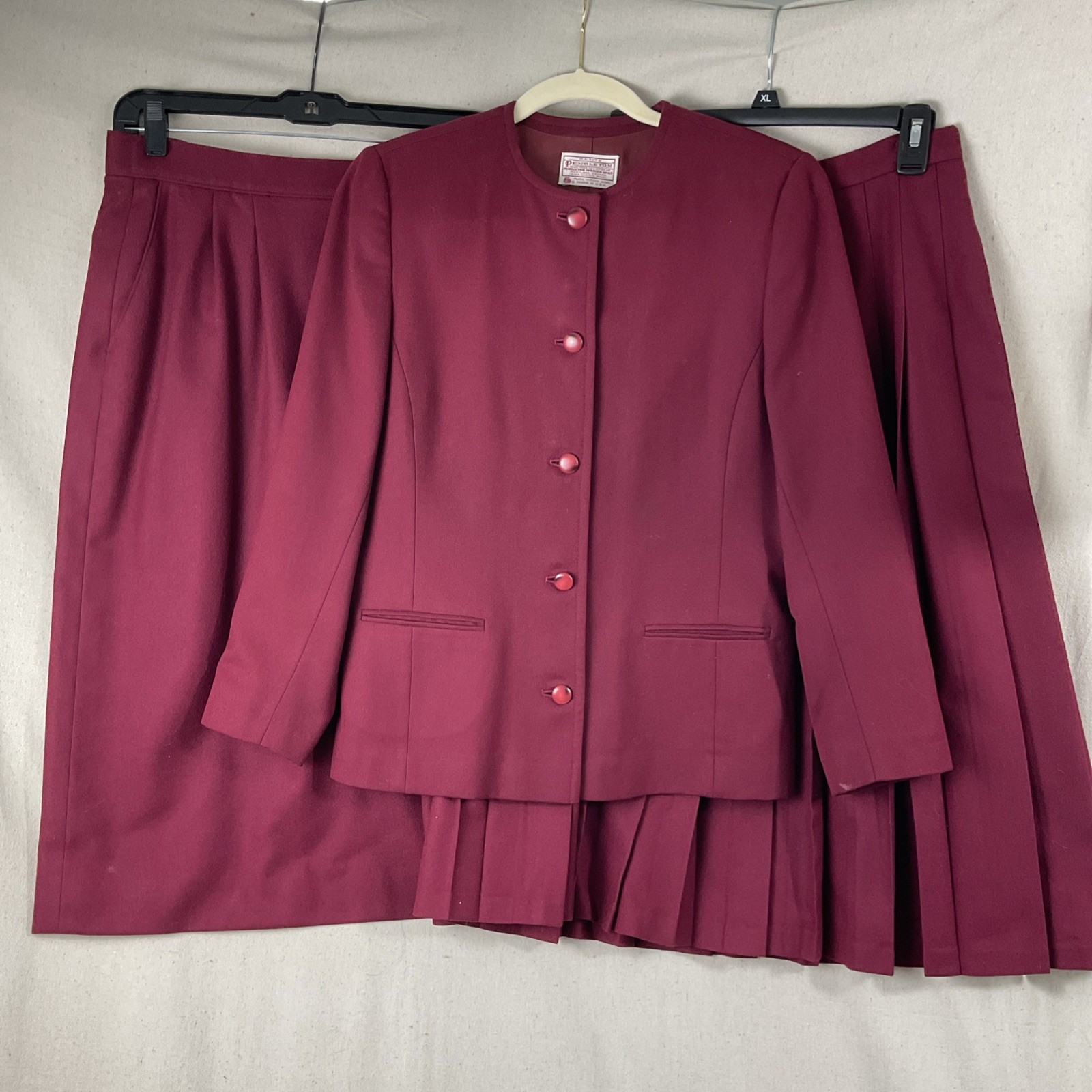 Pendleton Pure Virgin Wool Womens Petite Sz 10 Burgundy Blazer 2 Skirt Set VTG