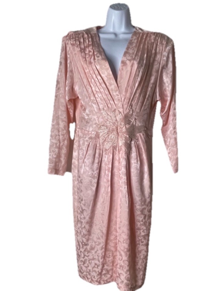 Vintage 1980 St Gillian 100% Silk Pleated Beaded Pink Dress Womens 12 Floral