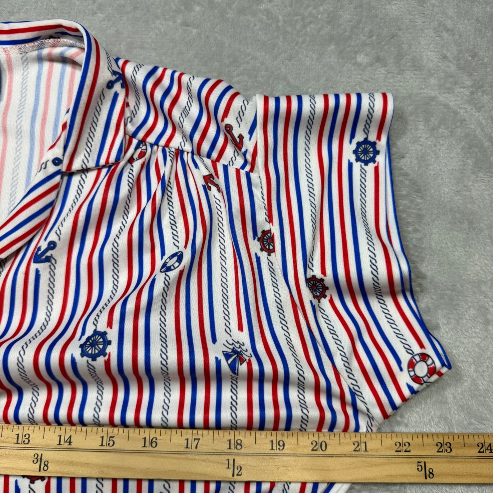 Vintage 1970s Red White Blue Nautical Polyester Tunic Top Rope Belt L XL Coastal