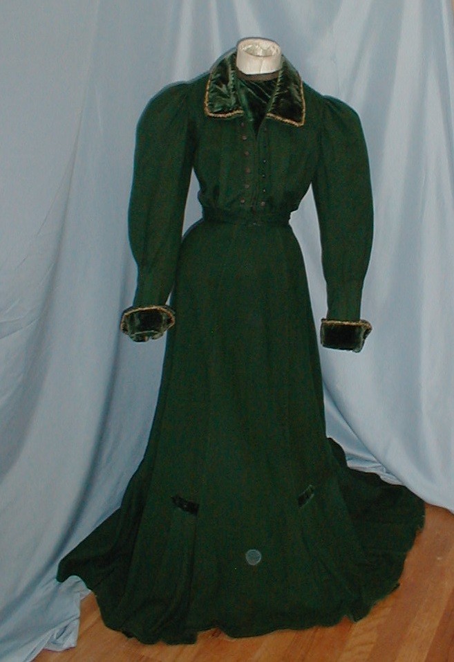 Striking Antique Dress Suit Victorian 1890’s Forest Green Wool Velvet Trim