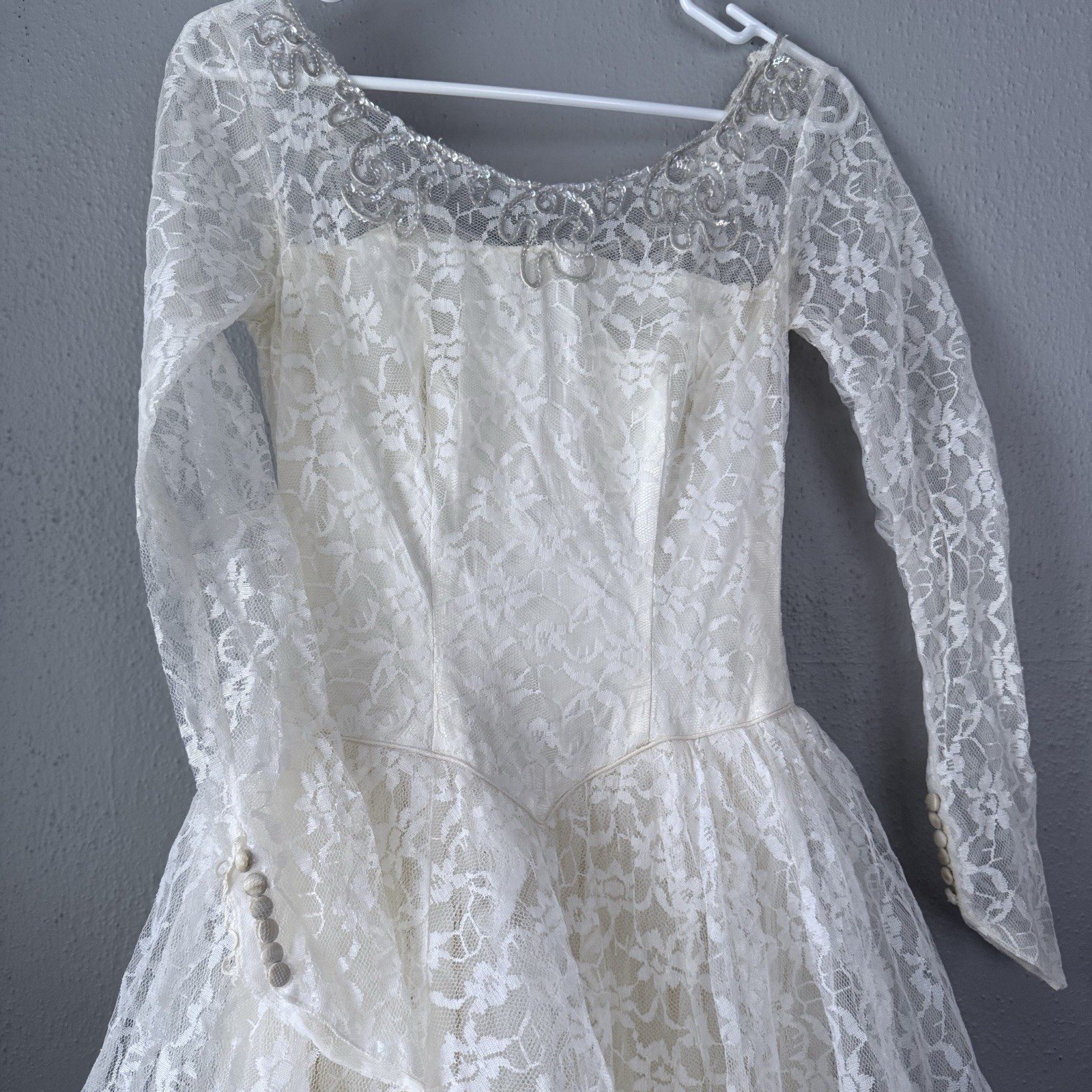 Antique 1890s-1900s Cotton Lawn + Mixed Lace Tea or Wedding Dress Small