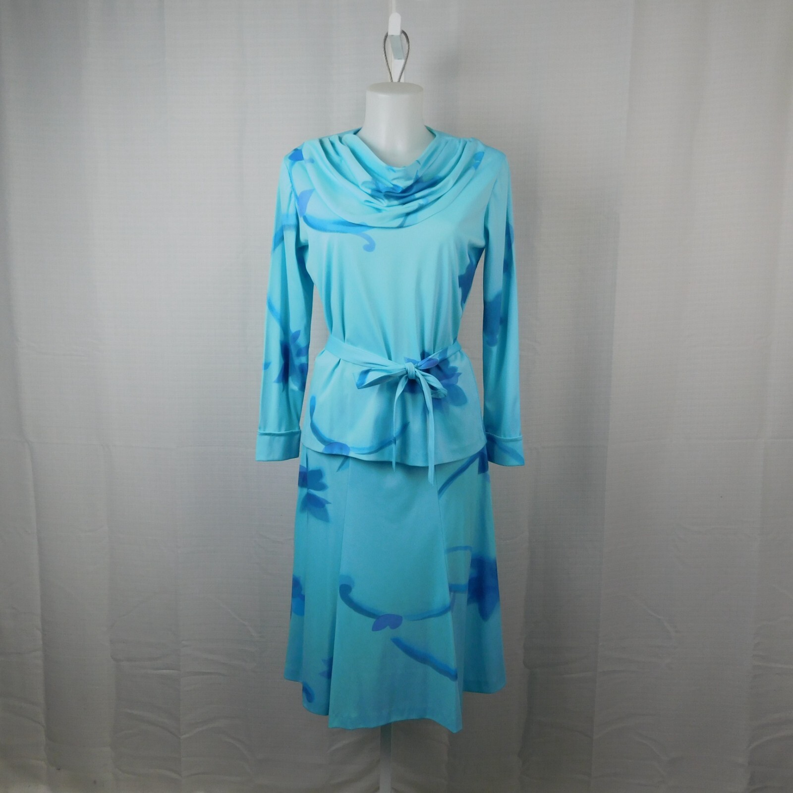 Vintage Sears Belted Cowl Neck Top & Skirt Set – 12, Blue Floral #9813