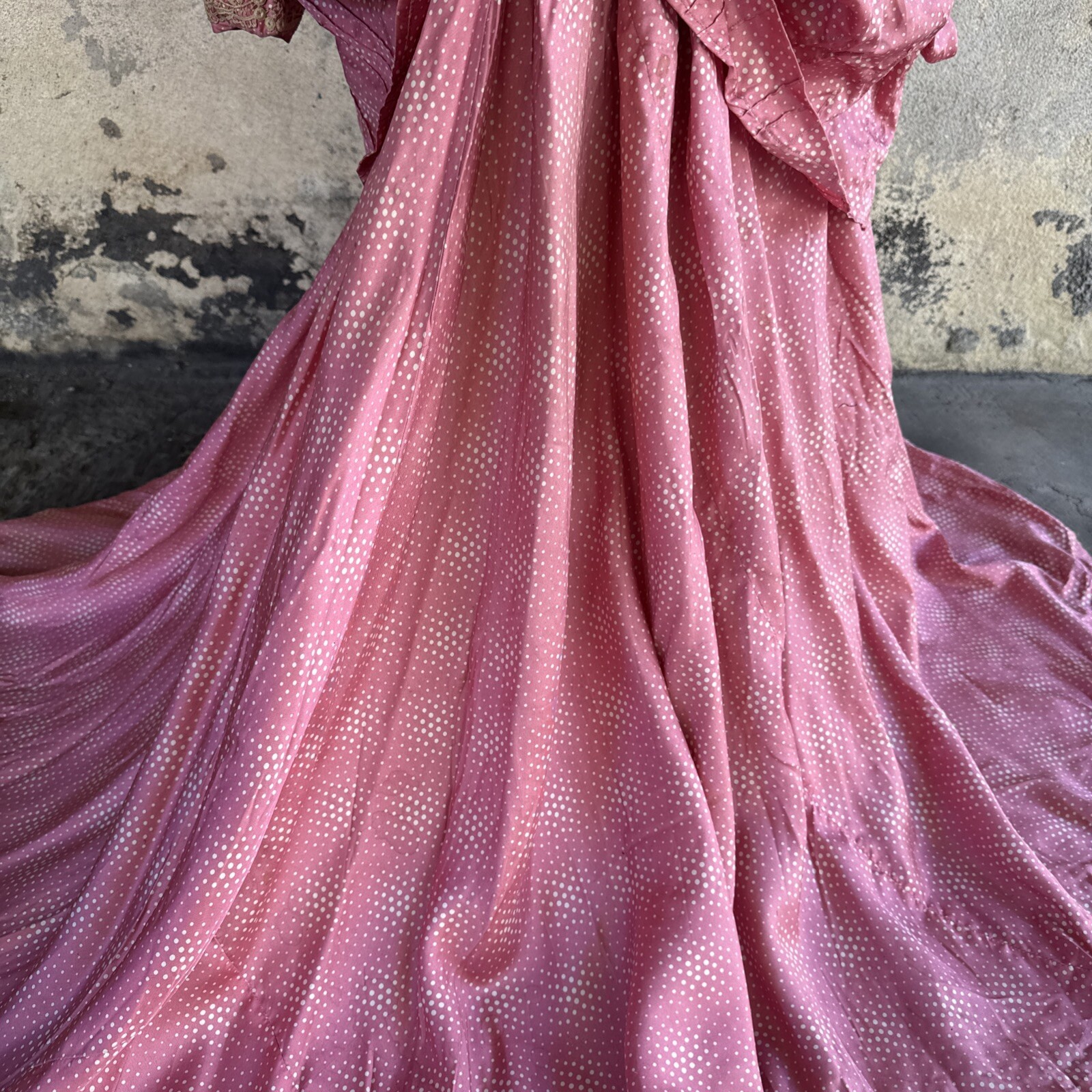Antique Victorian Pink Silk Dot Print Dress Side Bustle Gown Lace 1880s Vintage