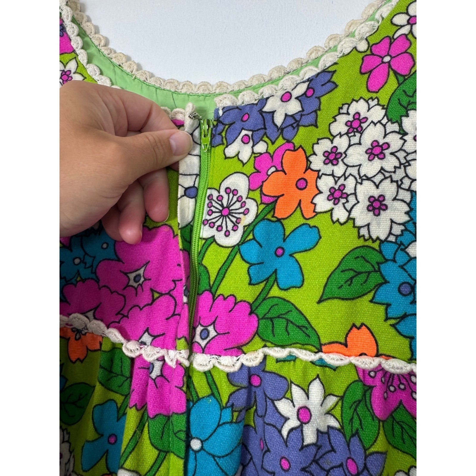 Vintage 60s Coco California Women M Maxi Dress Green Psychedelic Floral Mod Boho