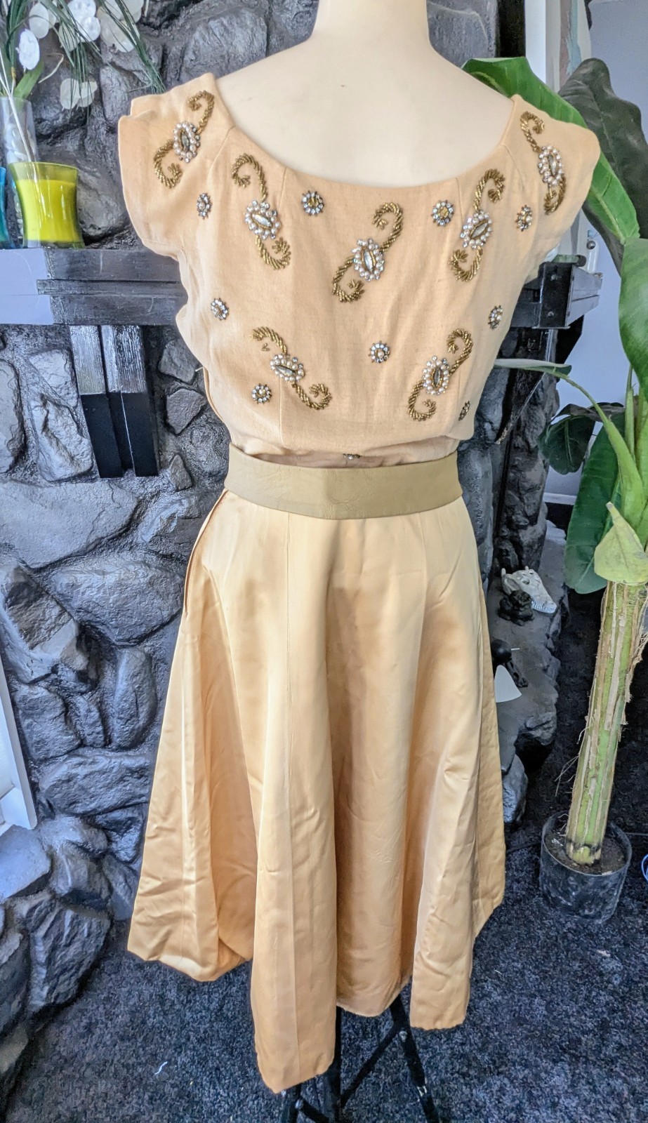 Vtg 50s Fit Flair Cocktail Party Dress Exquisite Beading Gold Satin Skirt Custom