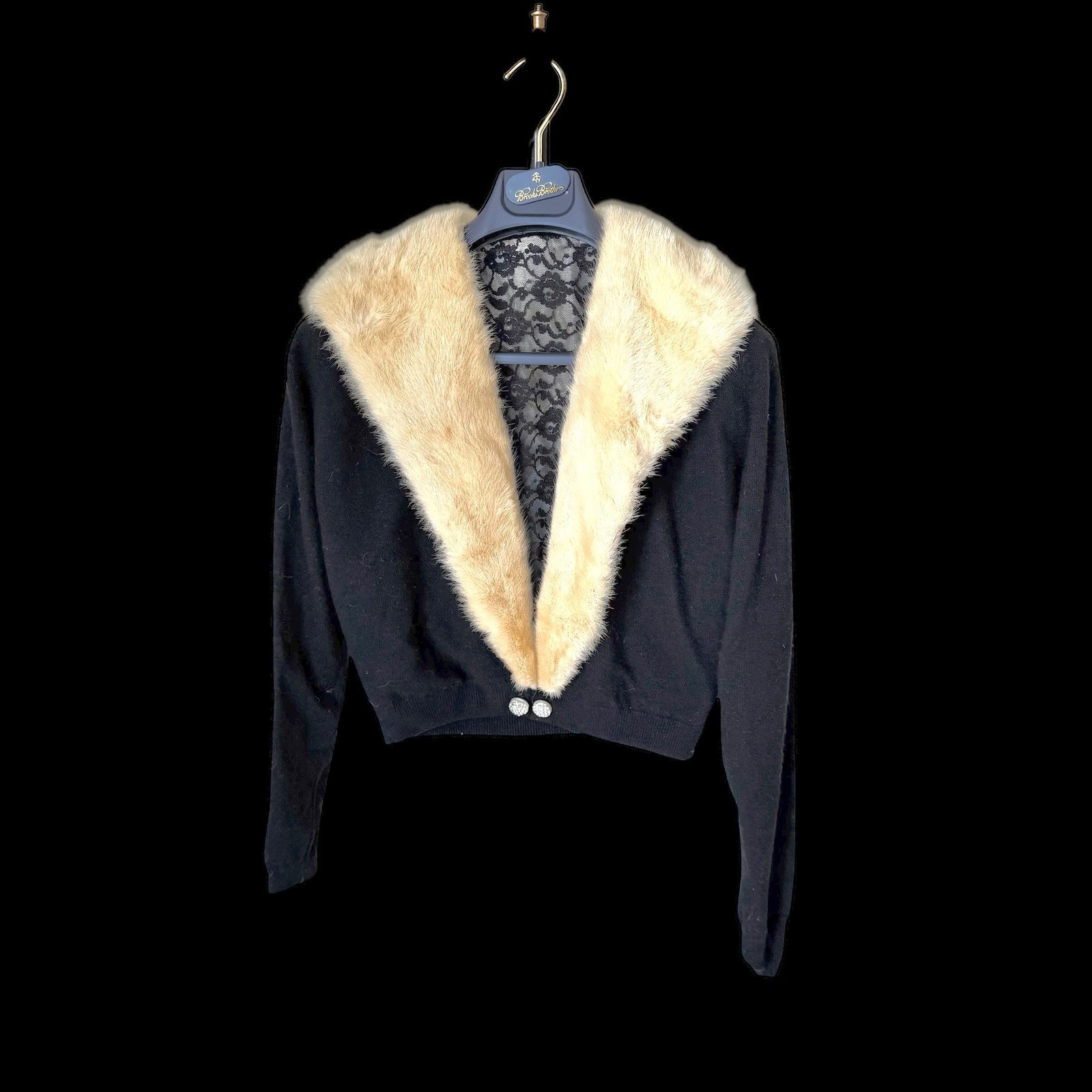 Vintage 50’s Black Cropped Cardigan Fur Collar Lace Lining Pearl Button Bolero