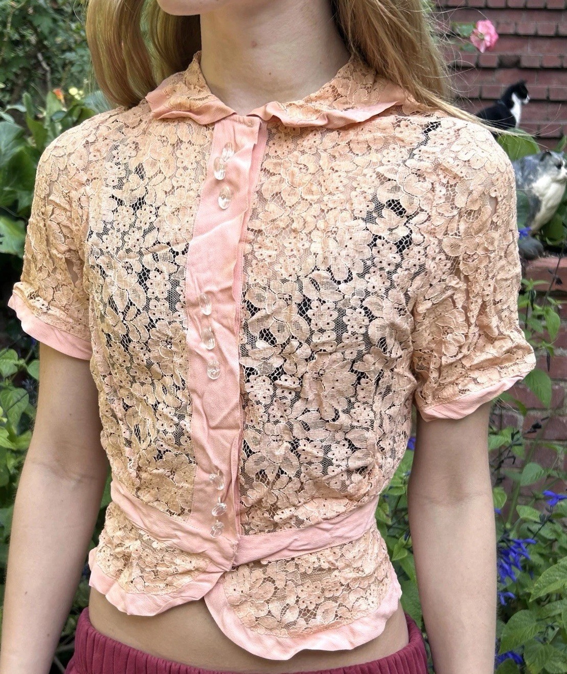 Vintage 20s 30s Lace XS Blouse Peach Handmade Antique