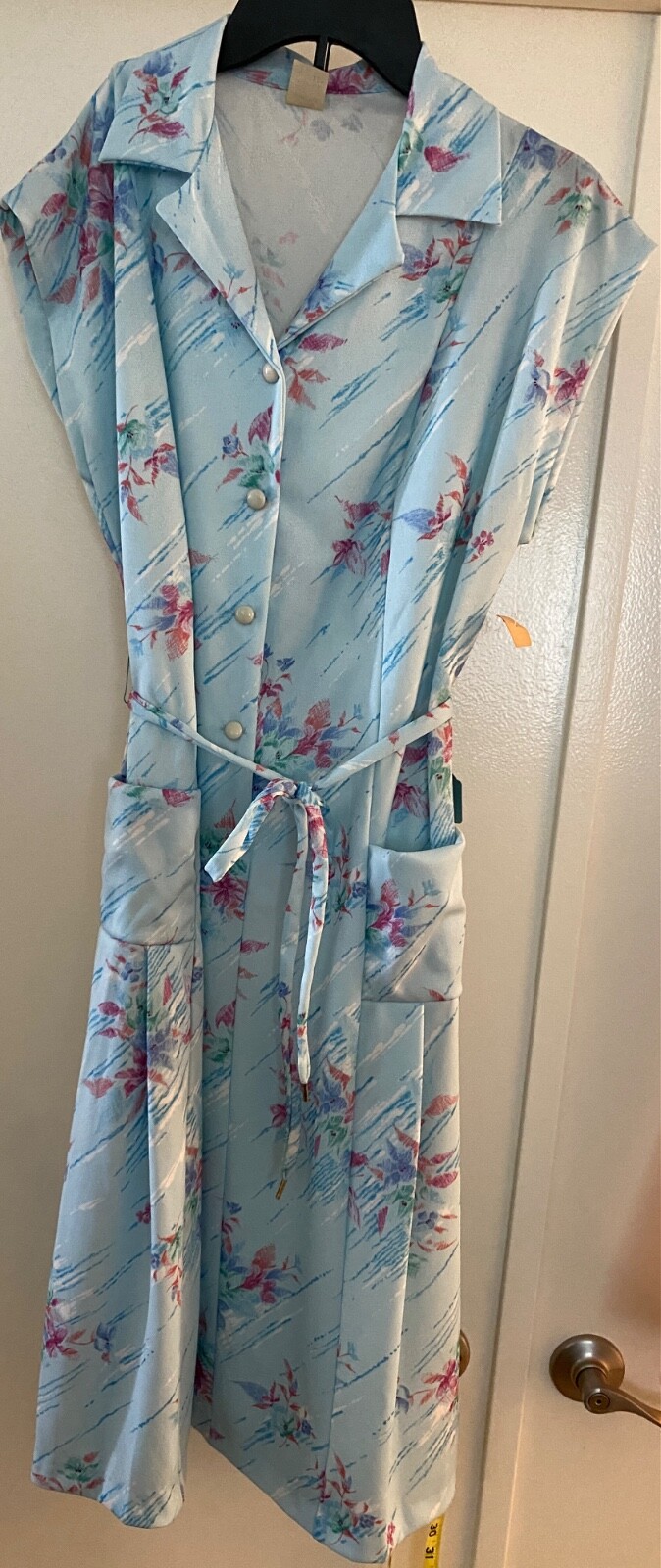 VTG 70s House Dress Women Floral Vneck Collar Button Tie Waist Blue Pink Floral