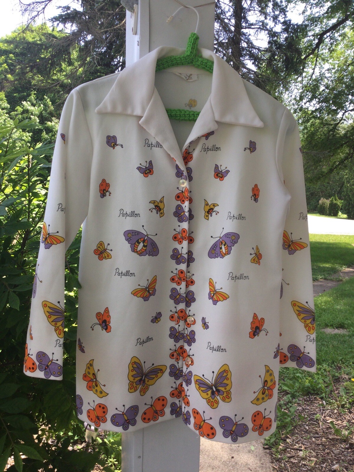 Vintage 1970’s Rhoda Lee Butterfly Papillon Shirt Womens Size M Purple Orange