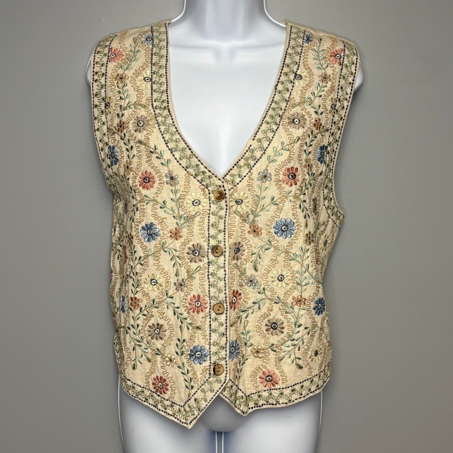VTG 90s Tantrums Boho Cottagecore Grandma Embroidered Floral Vest Sz Petite M