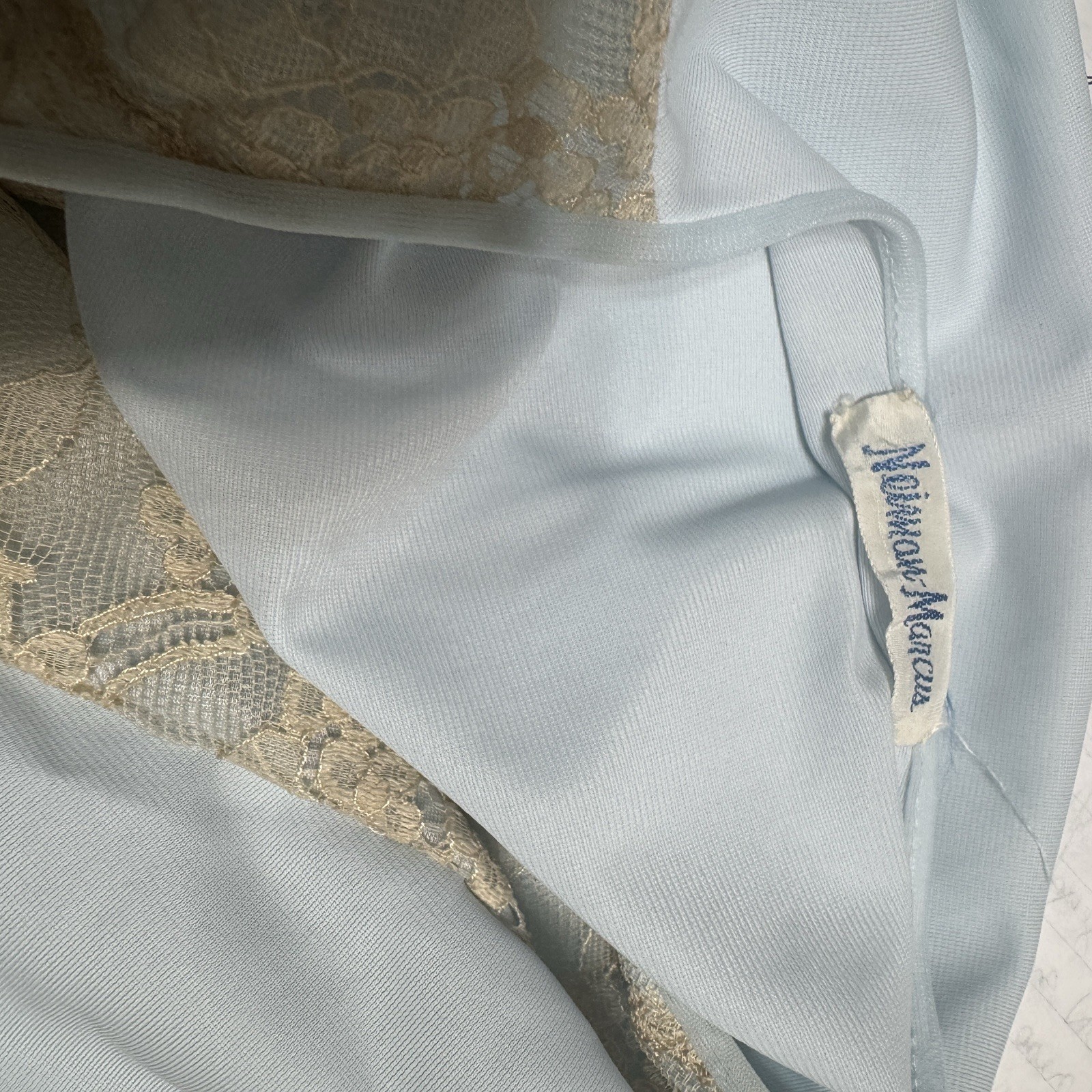 VTG Lace Overlay Pajama Top Neiman Marcus Vanity Fair M Light Blue Nylon 60s