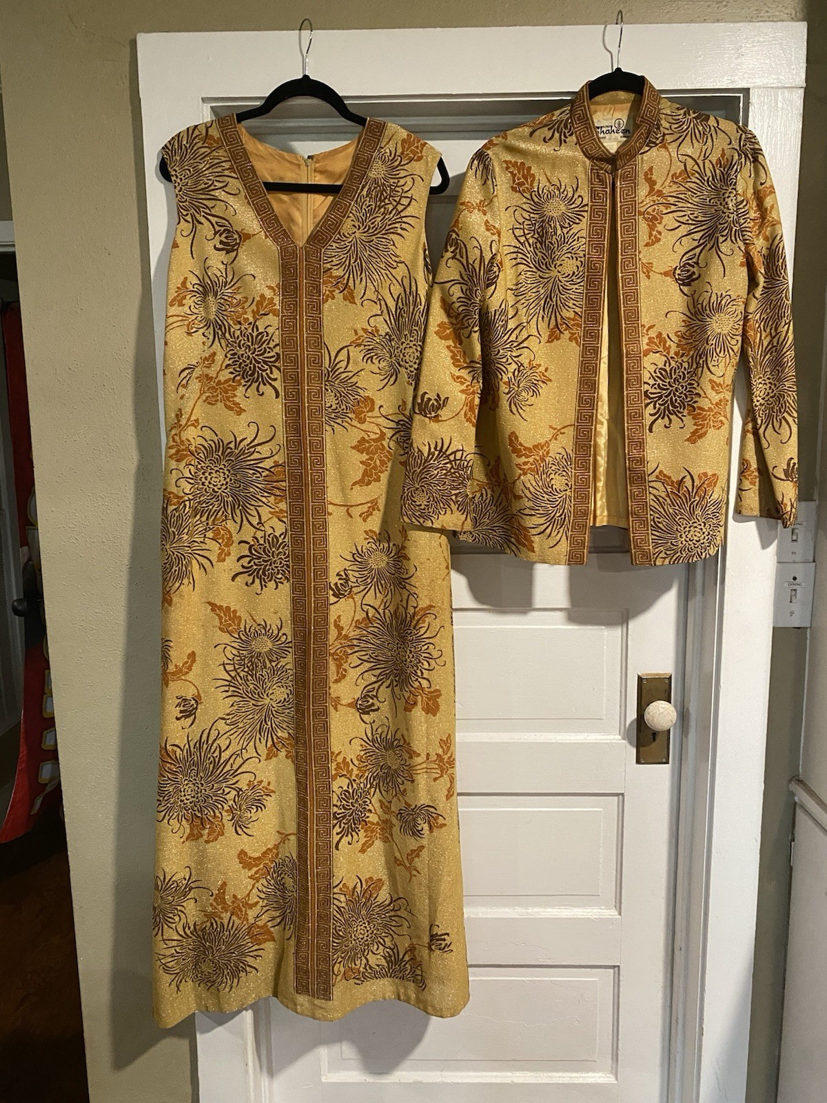 Vtg 70s Alfred Shaheen Hawaiian Maxi Hostess Dress & Jacket Size 14 Gold Floral