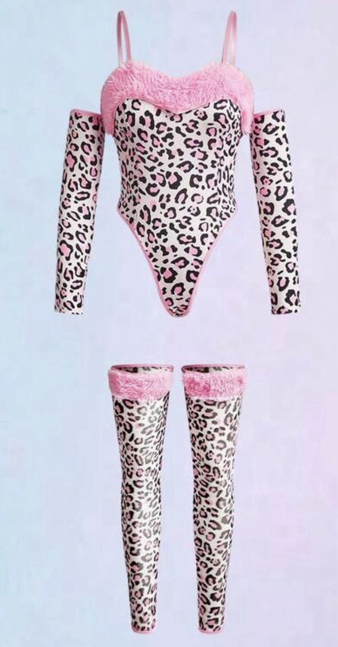 Sexy Pink Leopard Thong Back Teddy Faux Fur Trim 5pc Lingerie Set XL NEW