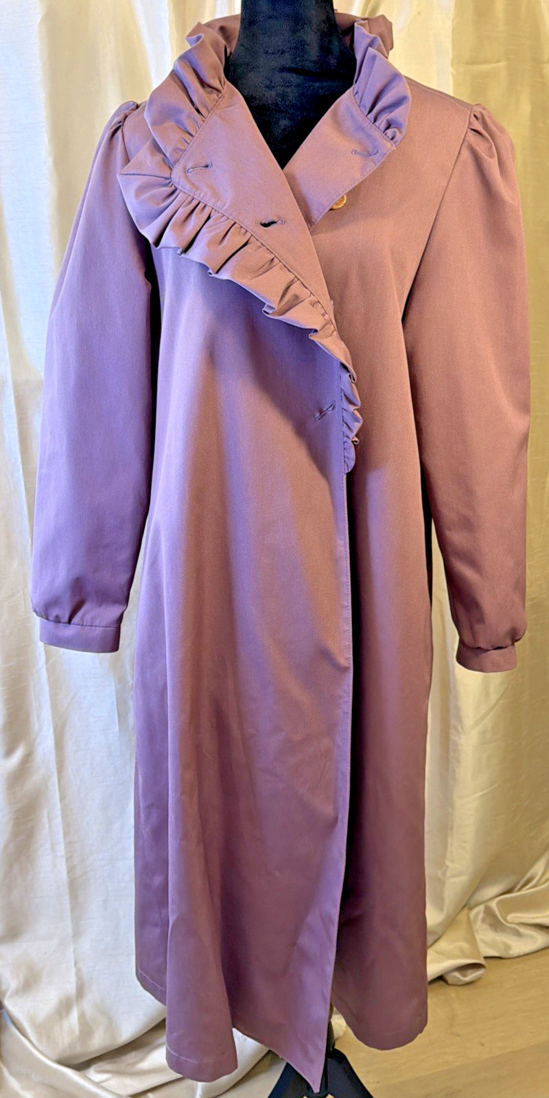 Misty Harbor Mauve Ruffled Gathered Long Rain Trench Coat SZ 12 80’s