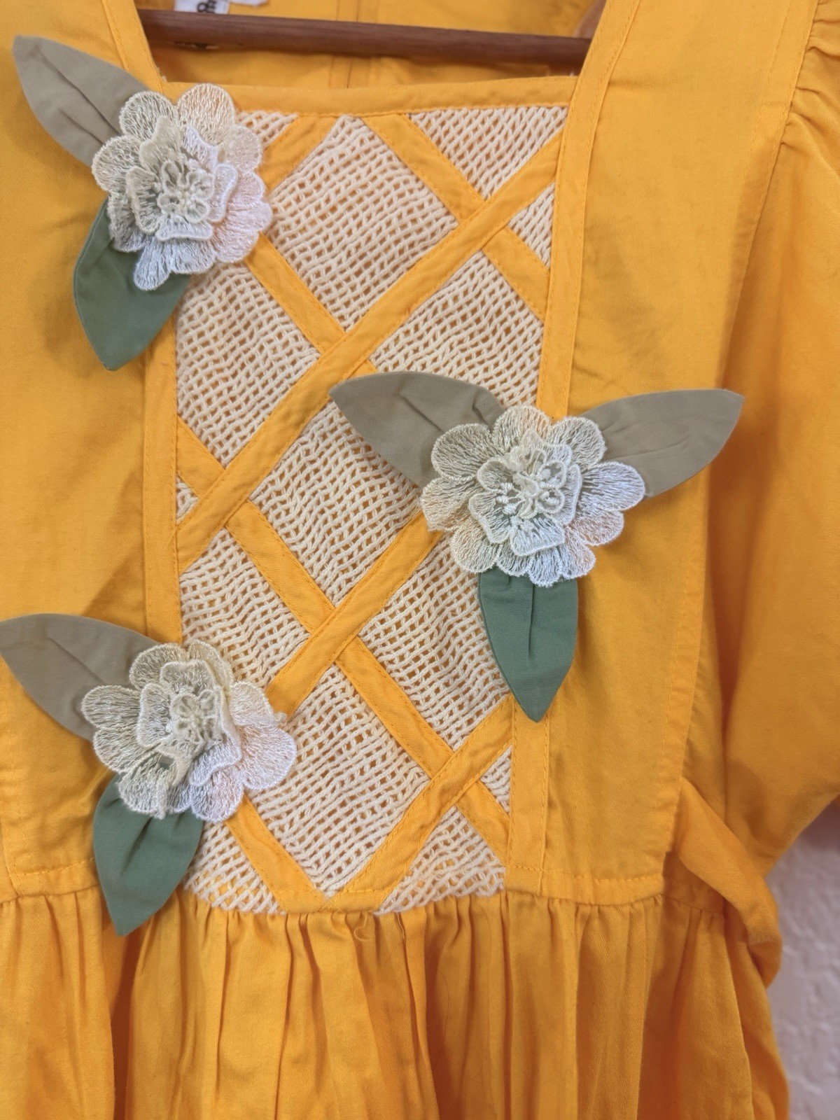Vtg 70s 80s Korean Trousseau House Dress Hon-Su-Bang Crochet Applique Day Dress