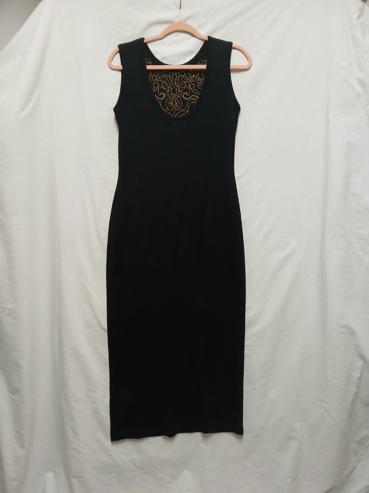Vintage Black Midi Dress M Gold Beaded Formal Holiday Party Glam Y2K New Years