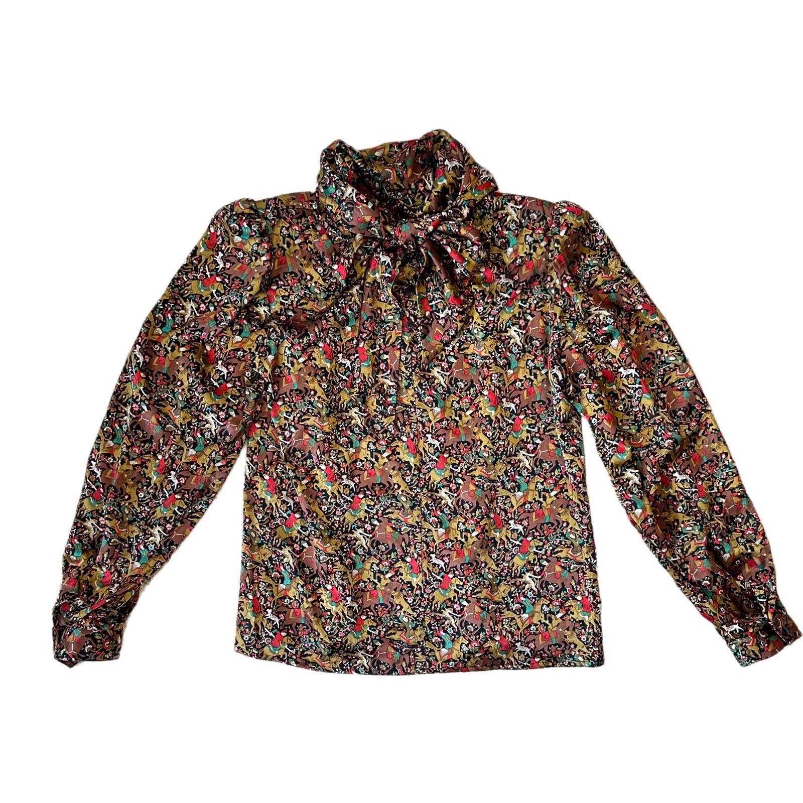 Vintage 80s Silk Medieval Art Classical Middle Ages Pussybow Blouse Womens 8