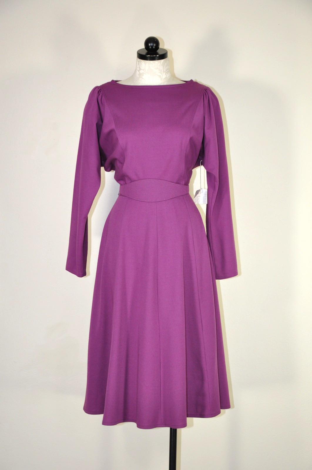 70s Vintage Purple Wool Knit Jersey Puff Sleeve Belt Full Skirt Dress Women M L