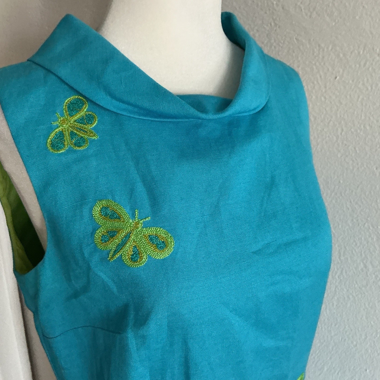 VTG Talbots Dress Turquoise Lime Butterfly Embroidery Prep Whimsy 90s Y2K 6 S
