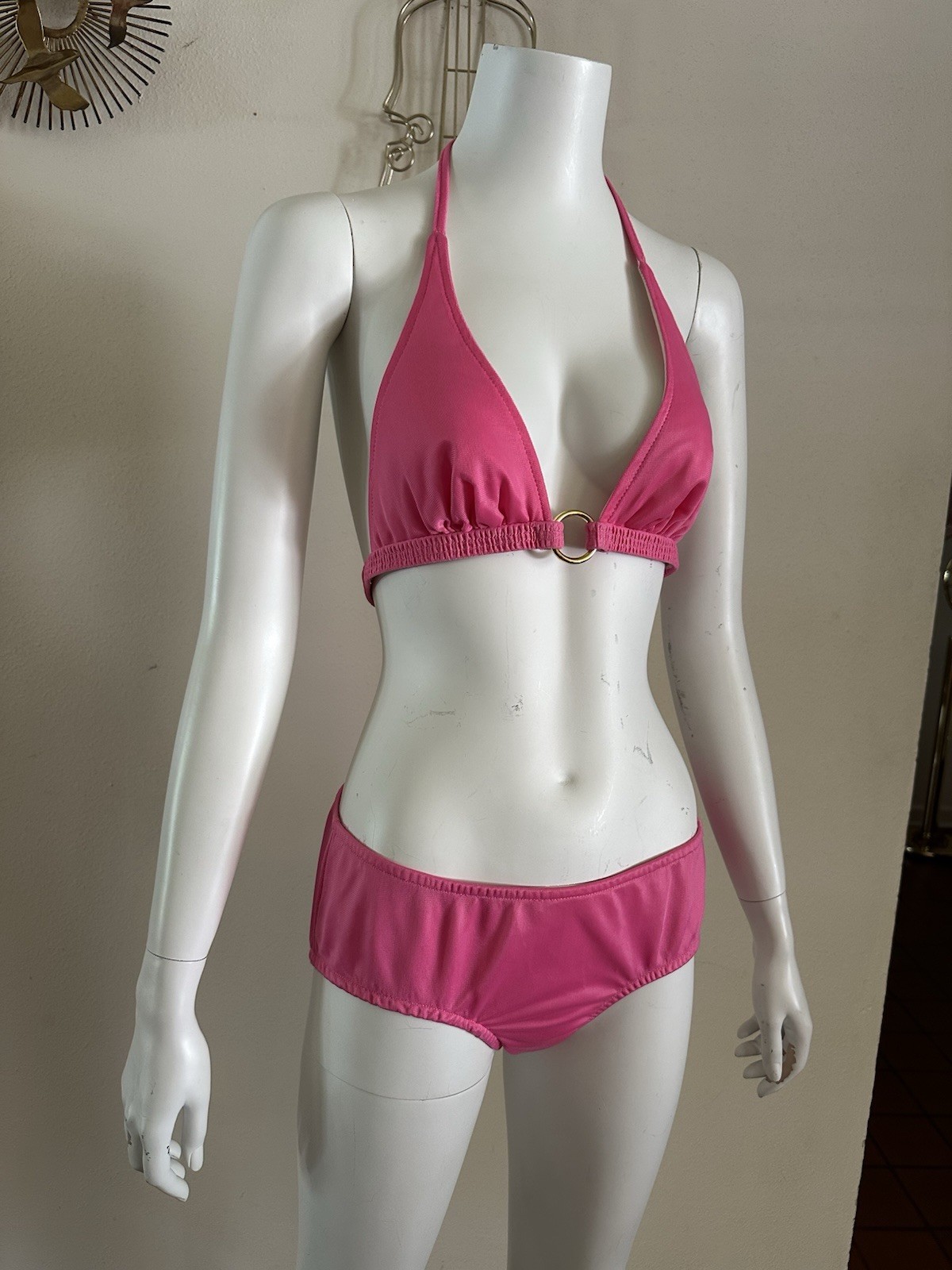 1970s Hot Pink Bikini Swimsuit Gold O Ring Halter Mod Disco 2 Pc Pin Up Swim VTG