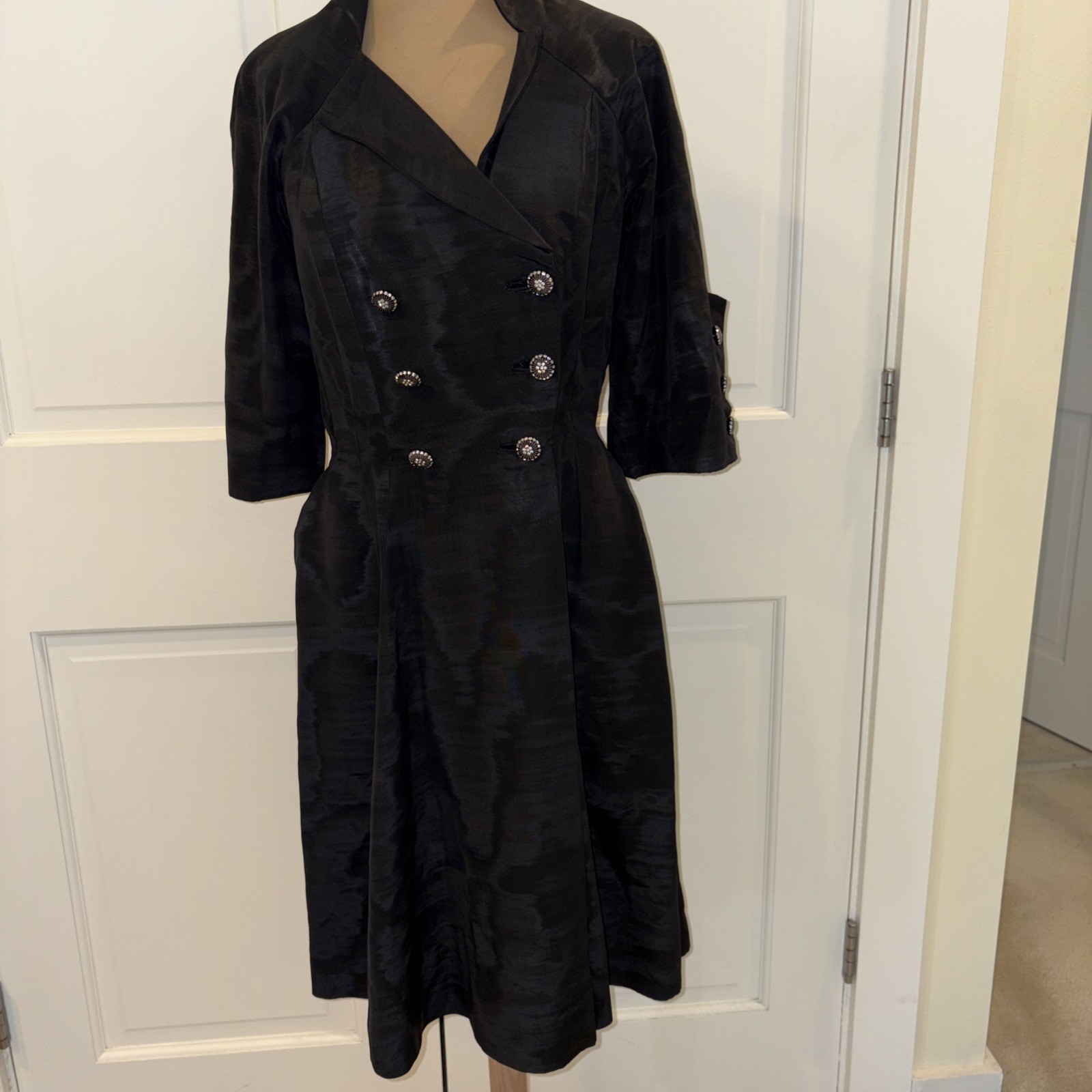 Vtg Black 6-8 Rhinestone Button, Pockets Waist 28” Womens Dbl Breast Coat Dress