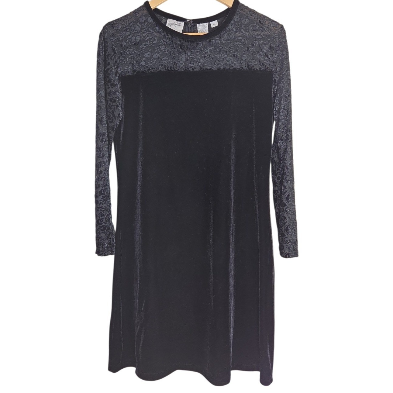 Jacqueline Ferrar Vintage Black Velvet Shift Dress Womens 10 Long Sleeve Witchy
