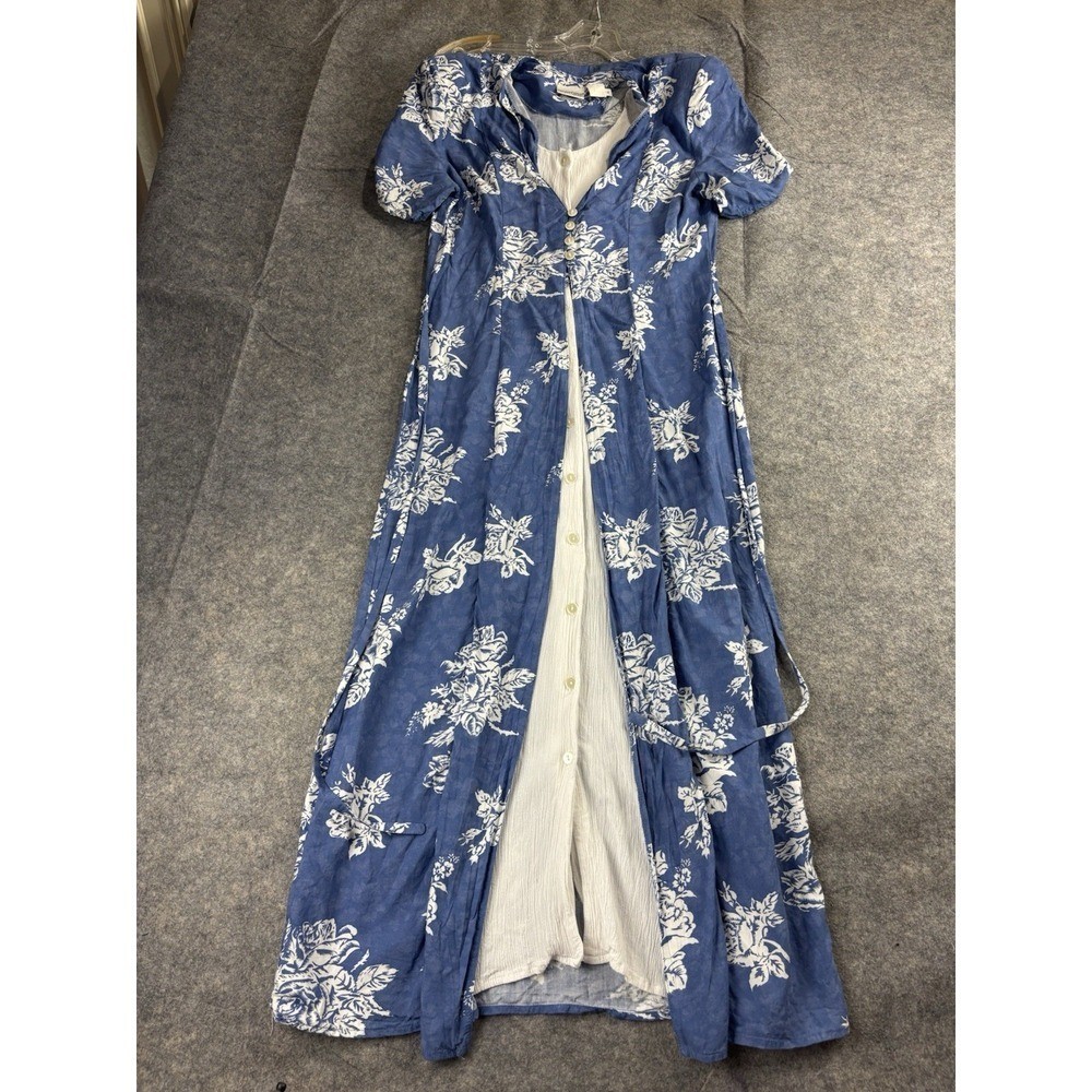 VTG Newport News Maxi Dress Womens 8 Blue White Floral Faux Layered Boho Coastal