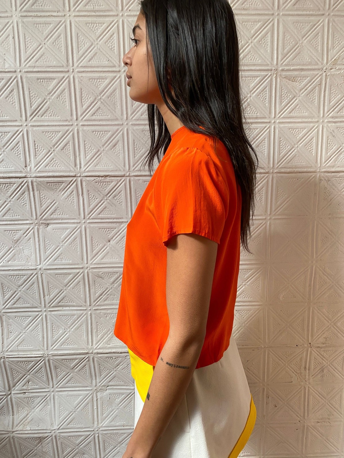 90s Orange Silk Crop Top – Petite Short Sleeve Blouse