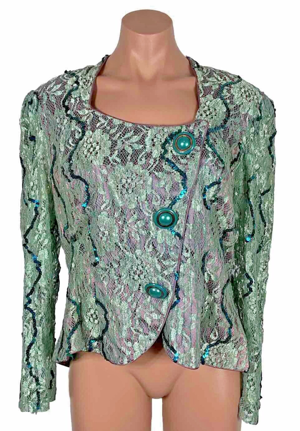 VTG GALLERIA Sequin Evening Blazer Jacket Lace Plus 15/16 Vintage Floral Beaded