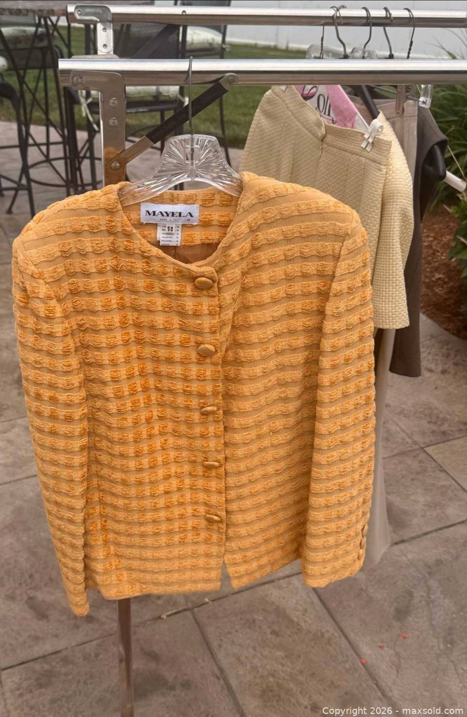 Mayela Italy Suit Orange Chenille Tweed Jacket + Skirt EU 50 Vintage Flaw