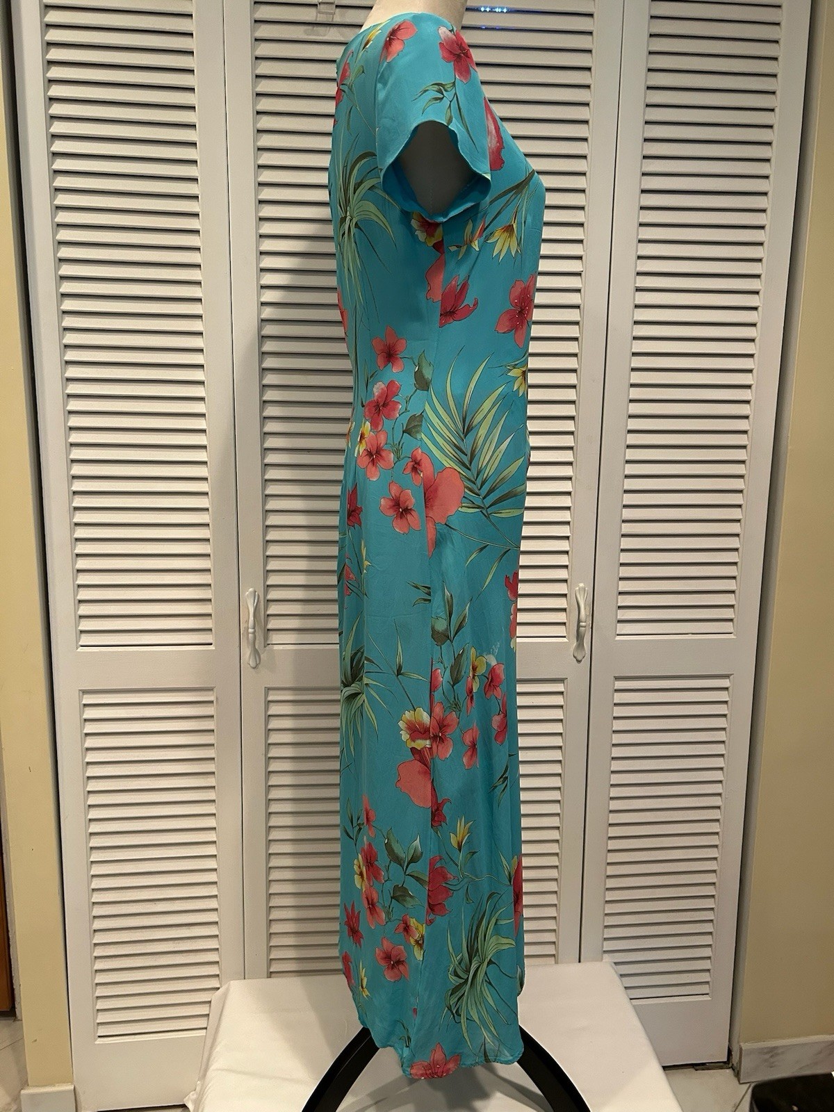 Talbots sz 8 Vintage Long Maxi Dress Aqua Blue Green Pink Floral Short Sleeves
