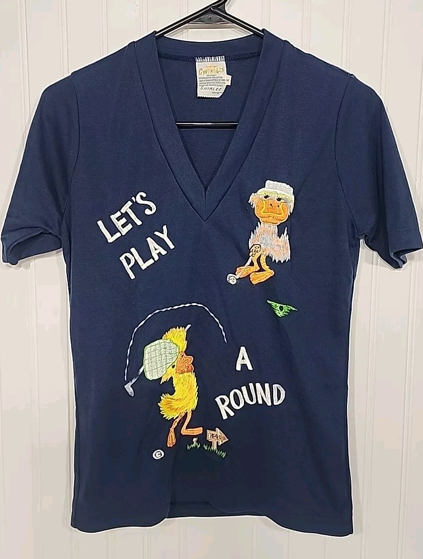Vintage Cyn Les Shirlee Designs V Cut shirt Womens Let’s Play Golf Ducks 70s