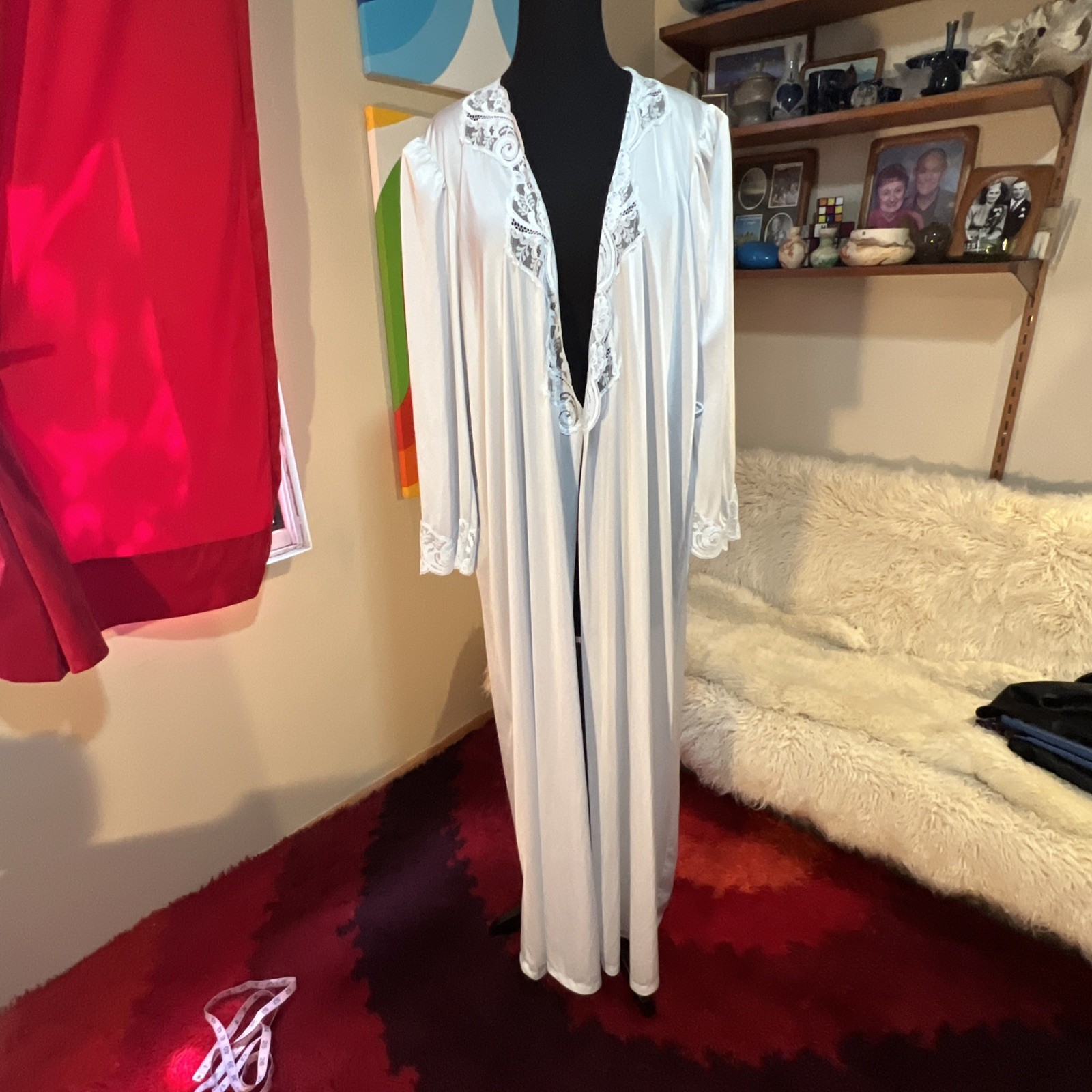 Vintage Olga Peignoir Nightgown Robe Blue Full Sweep Lace Long Dress Housecoat L