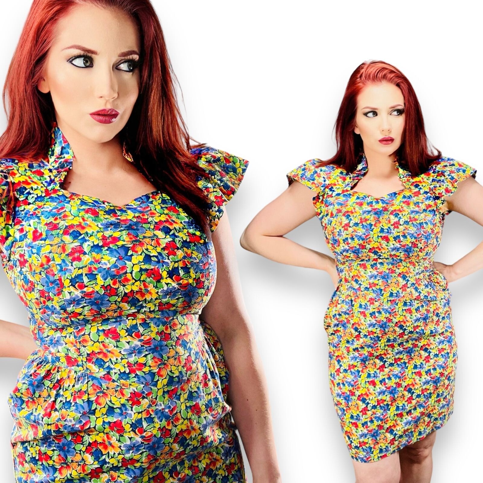 Vintage 80s Womens High Ruffle Neck Collar Flutter Sleeve Floral Dress 2 / XS