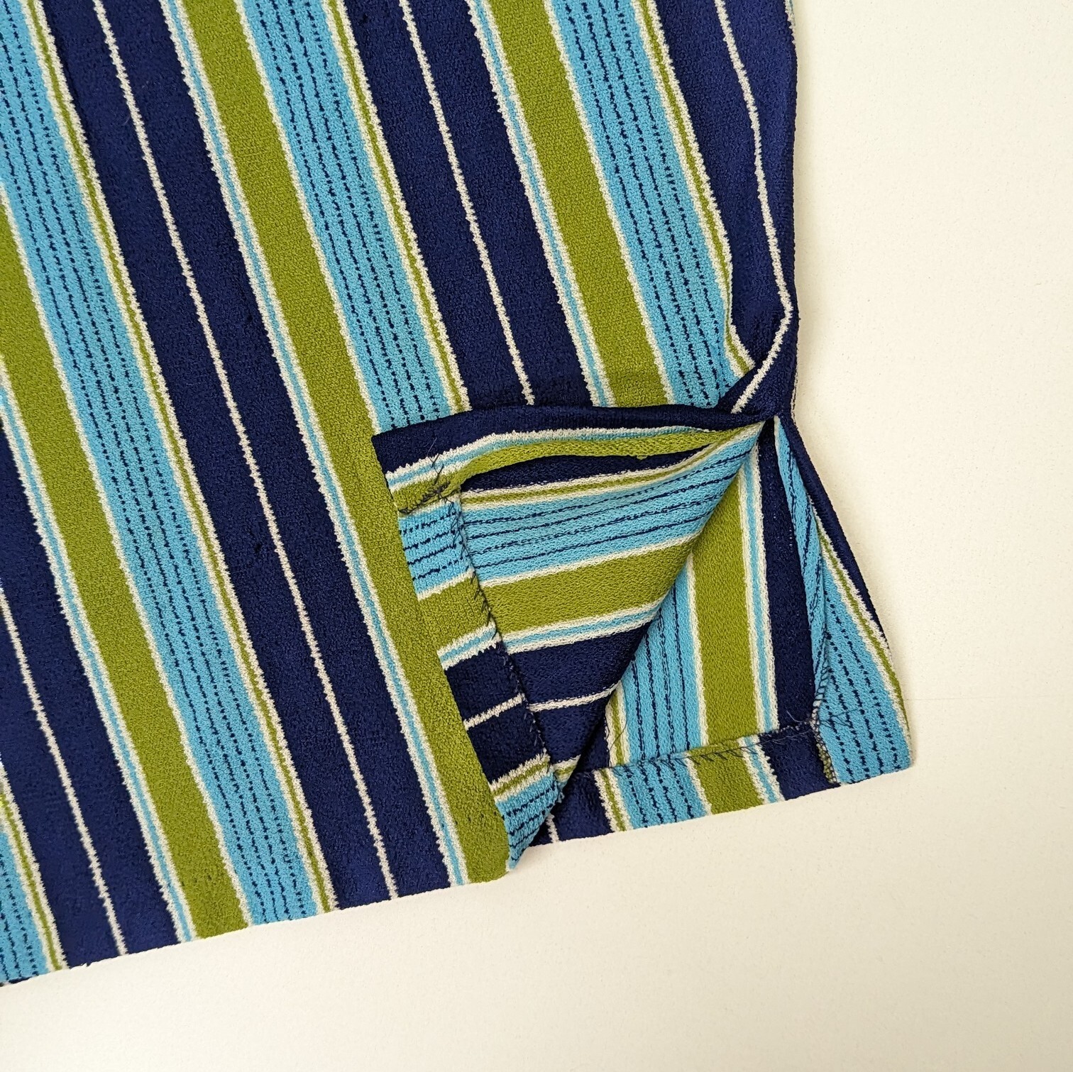 Vintage 1970s QUEENS WAY to FASHION Blue & Green Striped Polyester Shirt Top