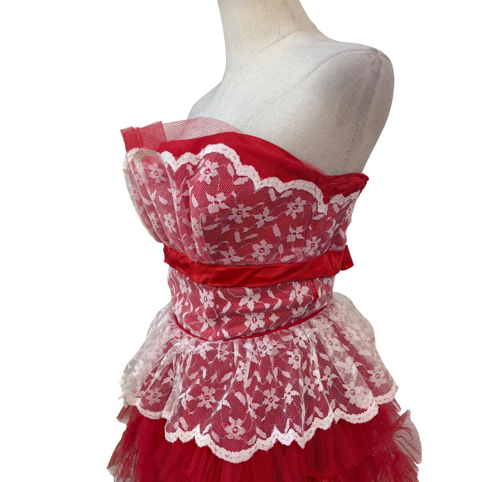 Vtg 50s Cupcake Tiered Lace Dress 25″ W Red Strapless Tulle Prom formal Glam