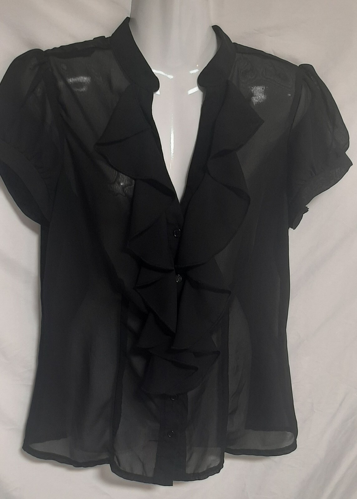 Sheer Black Venus Vintage Ruffled Short Sleeved Blouse / Top Womens / Ladies Lg.