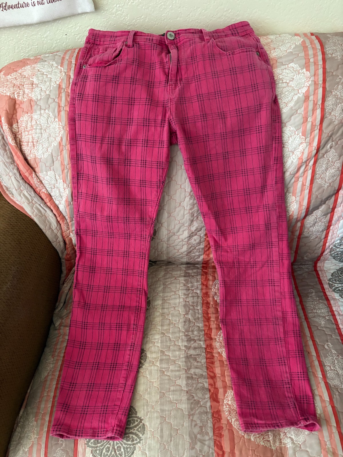Vintage ABSECAI Pink Plaid Pants – Size 38 – Stretch Cotton Skinny Fit