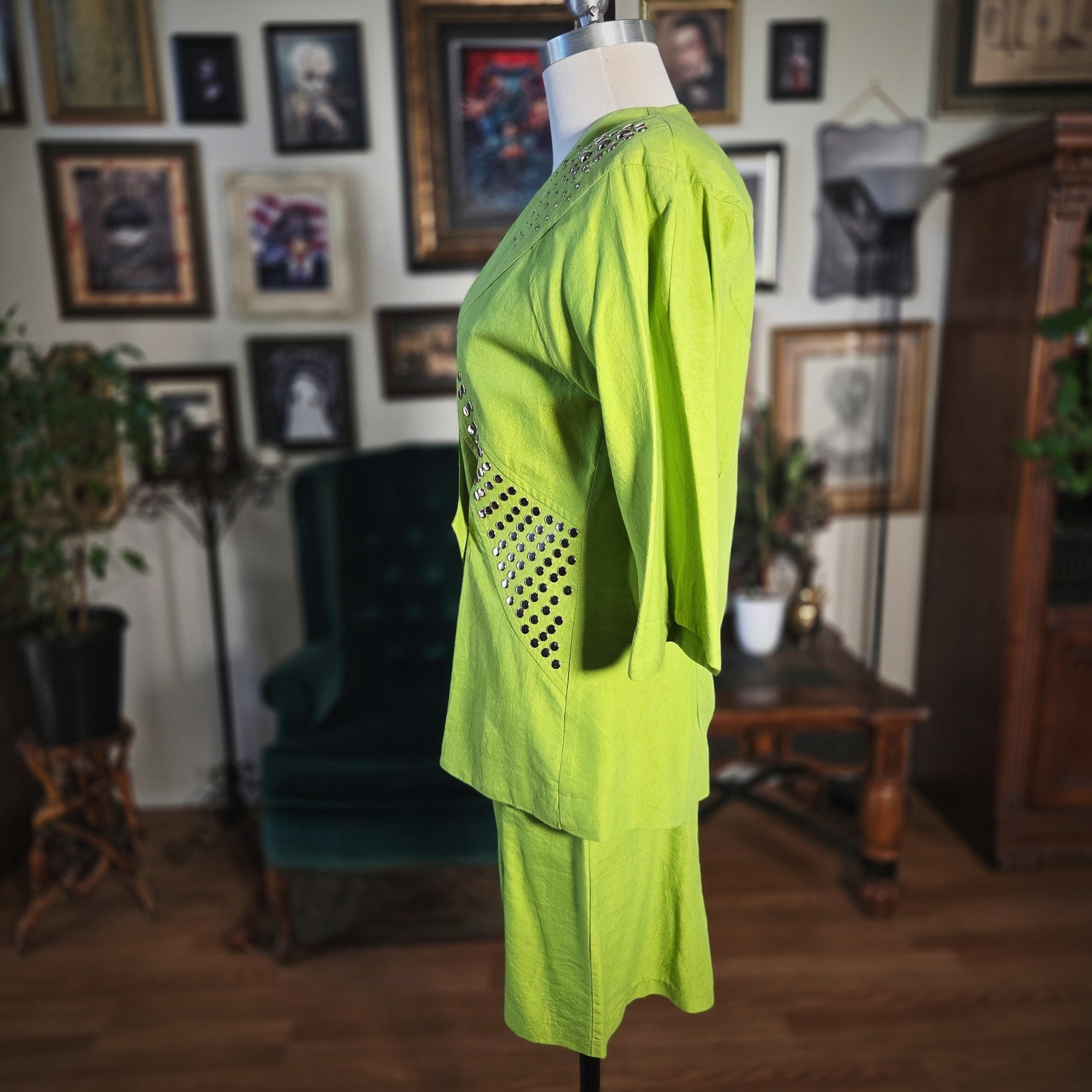 Vintage 80s Mesmerize Lime Green Skirt Suit Studded Avant Garde Power Set