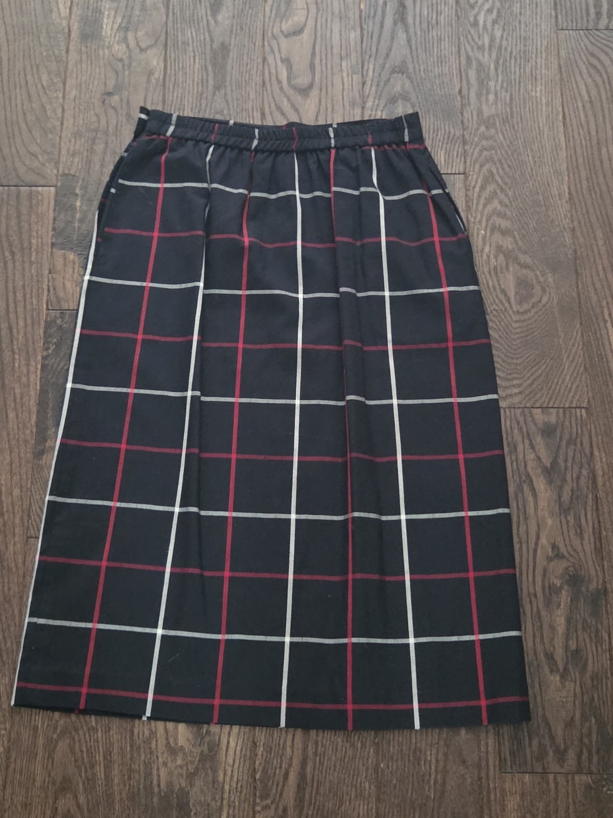 Vintage Black Windowpane Plaid Midi Skirt Red White High Waist ALine Side Button