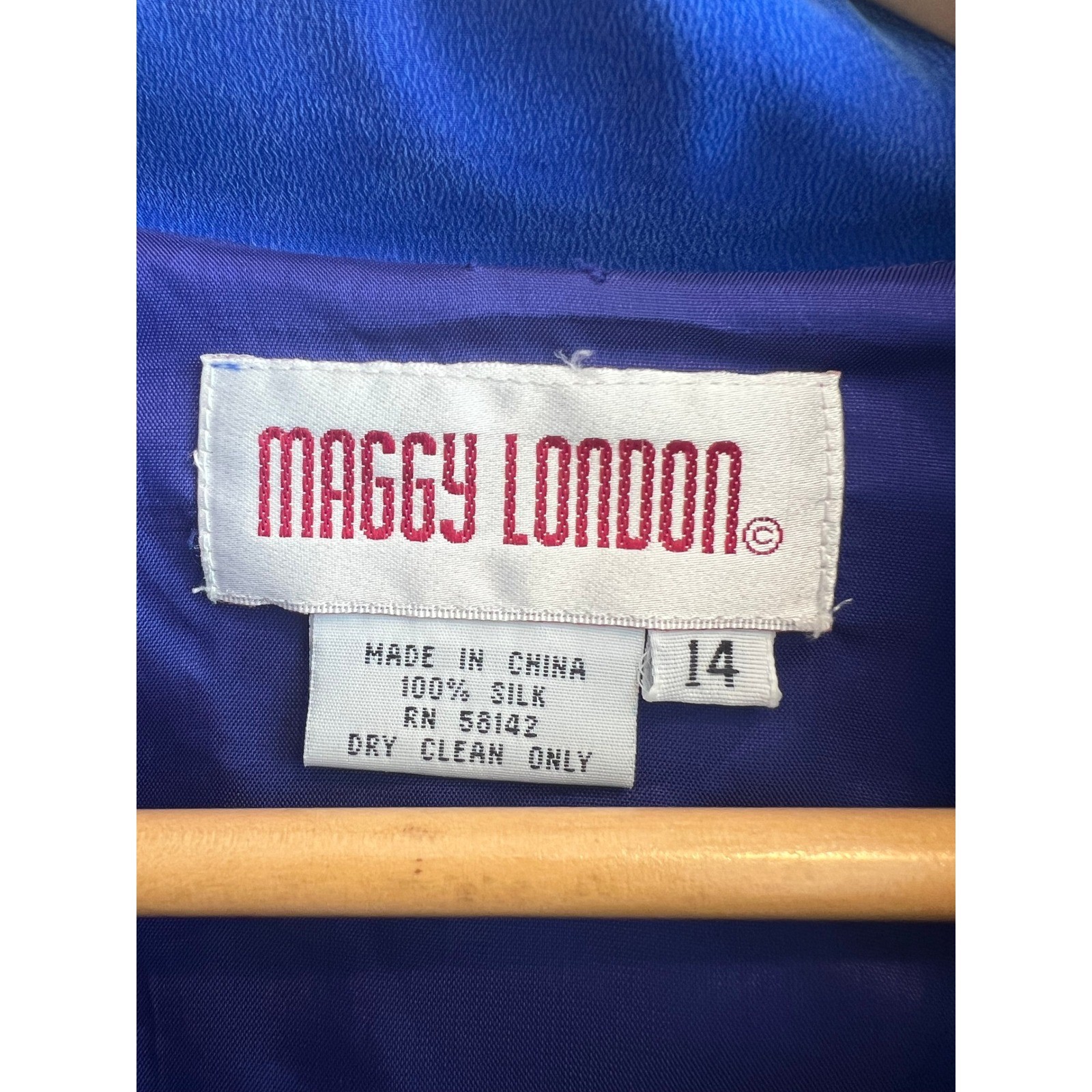 Vintage Maggy London 100% Silk Midi Dress Women 14 Royal Blue Belted Long Sleeve