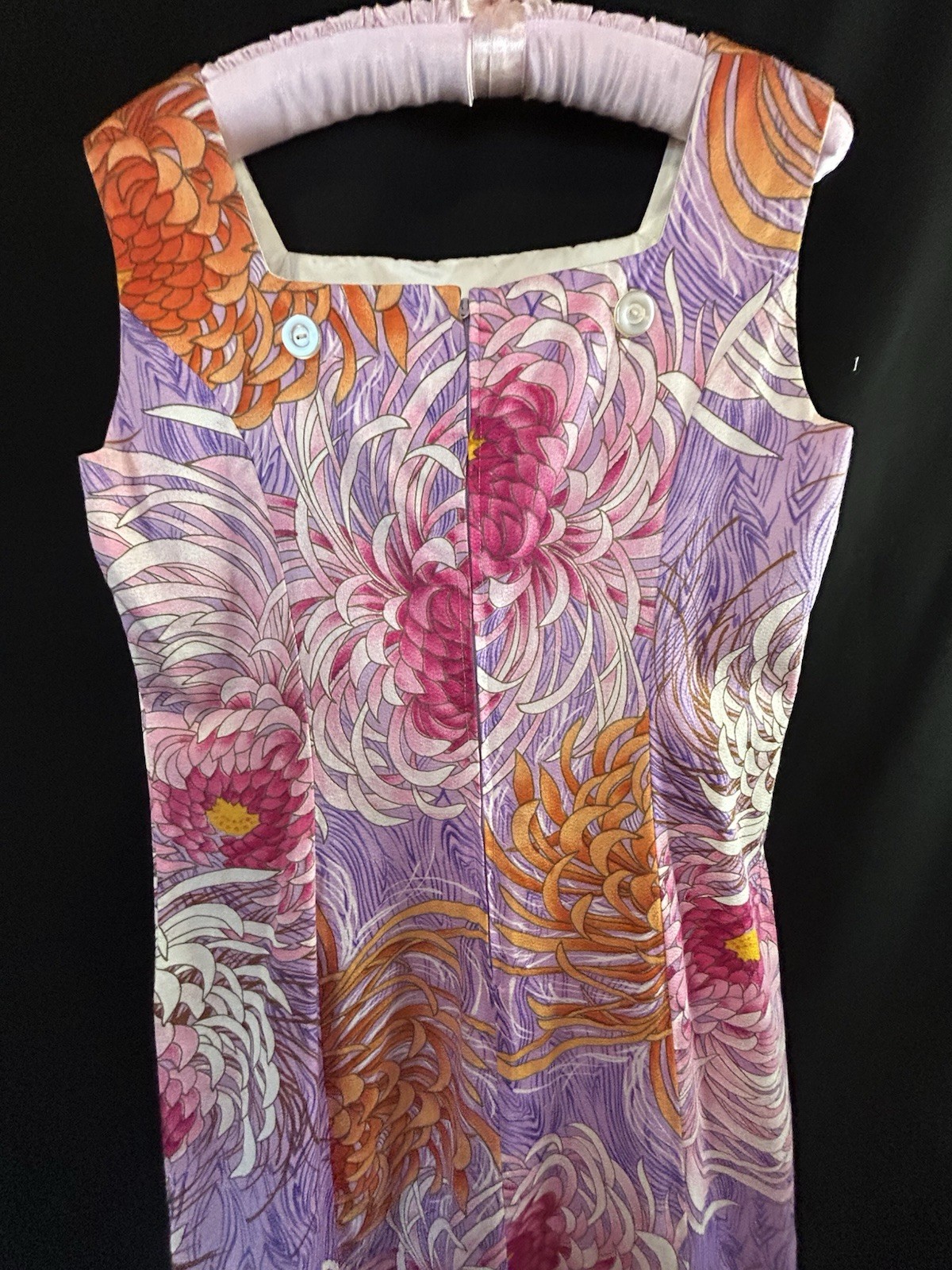 Vtg ALICE Polynesian MCM Long Dress & Train Chrysanthemum Print Med 10/12 Tiki