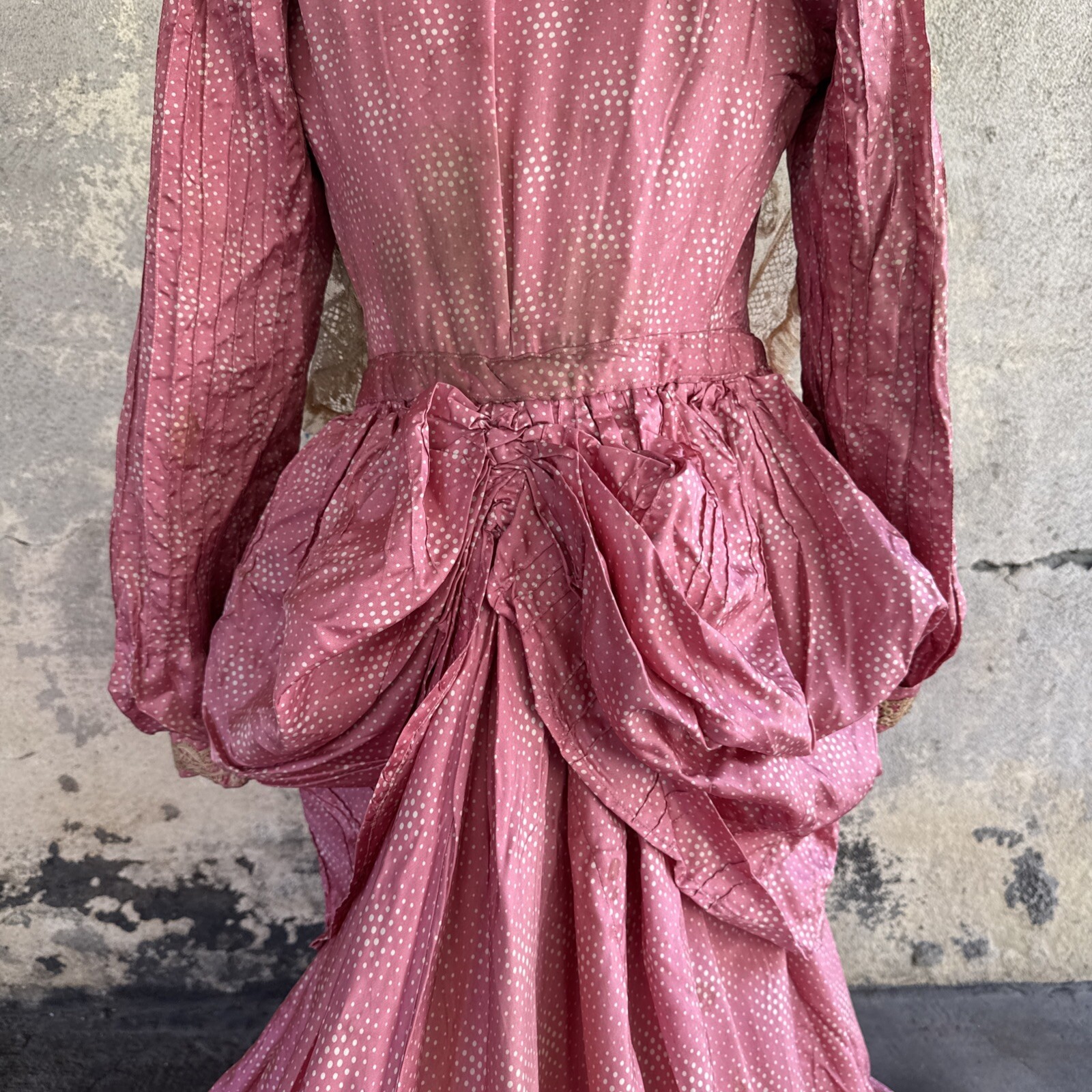 Antique Victorian Pink Silk Dot Print Dress Side Bustle Gown Lace 1880s Vintage